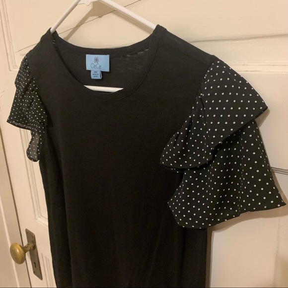 Cece Woman's High Neck Black T-Shirt with Ruffle Frill Polka Dot Sleeve XXS - Picture 4 of 10